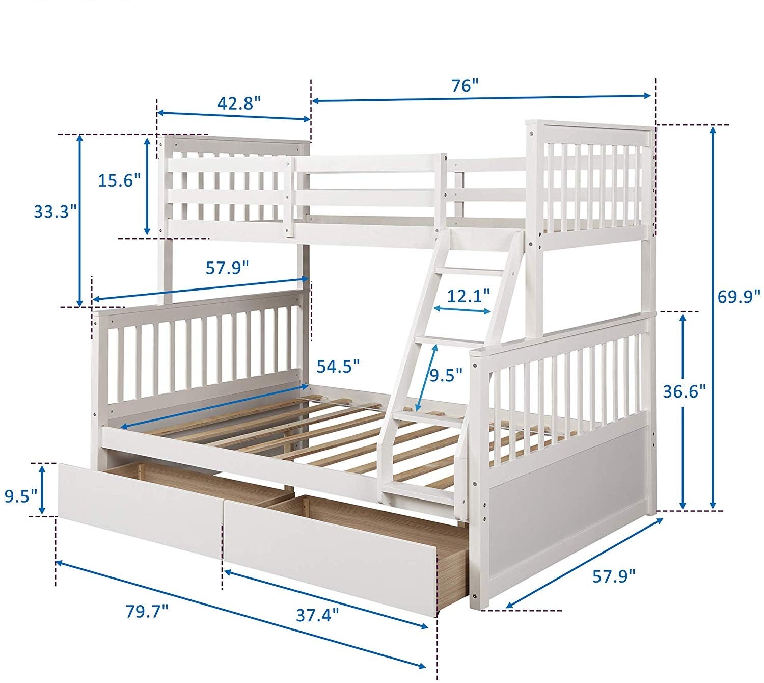 Kaba Kids Twin Over Full Bunk Bed with Storage in White