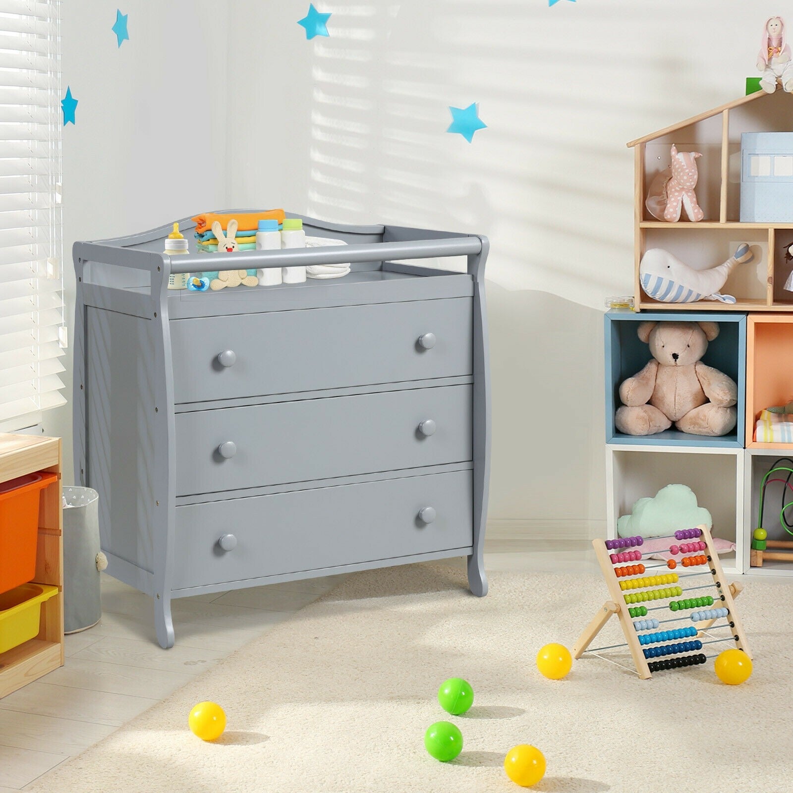 3-Drawer Dresser Changing Table with Safety Belt Guardrails in Gray