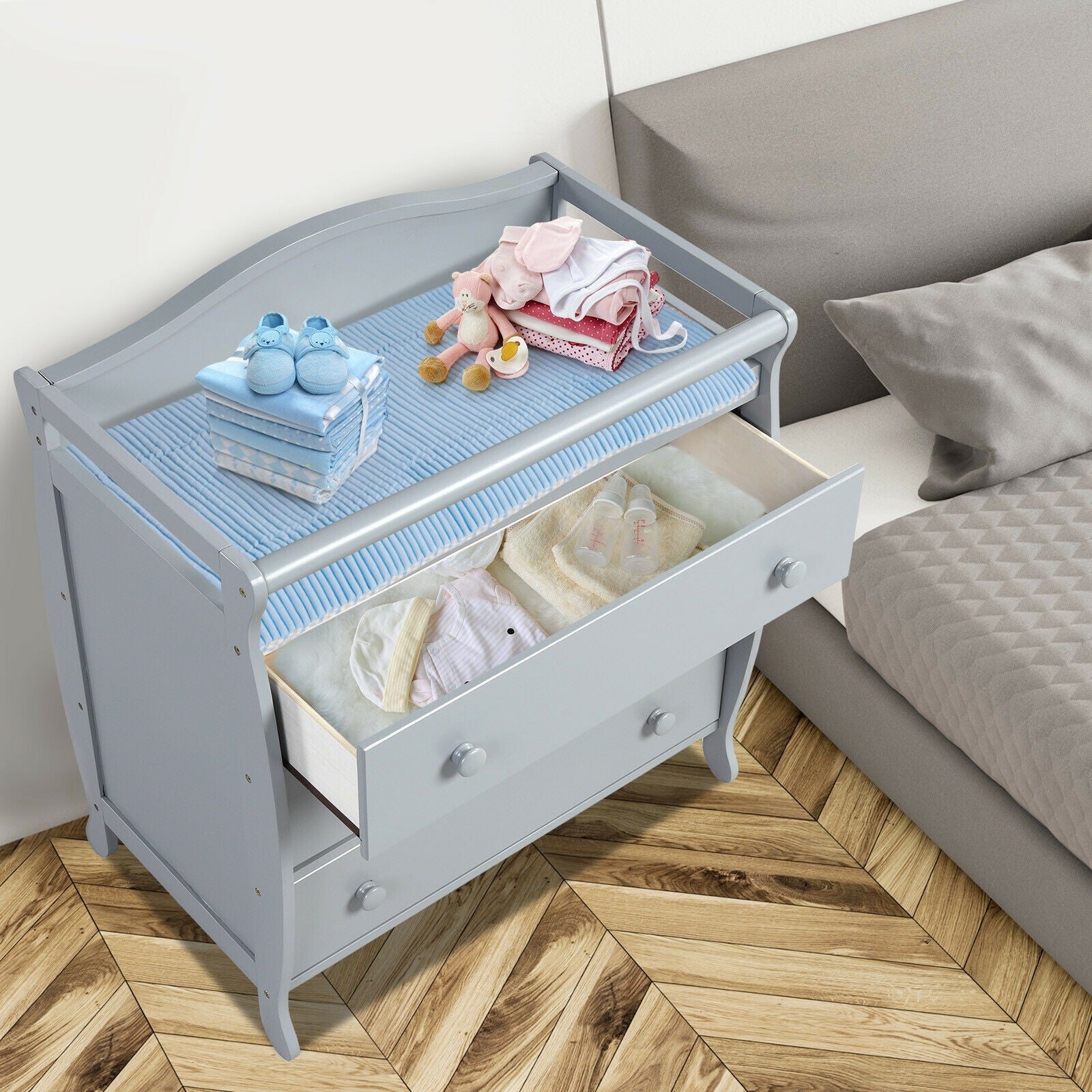 3-Drawer Dresser Changing Table with Safety Belt Guardrails in Gray