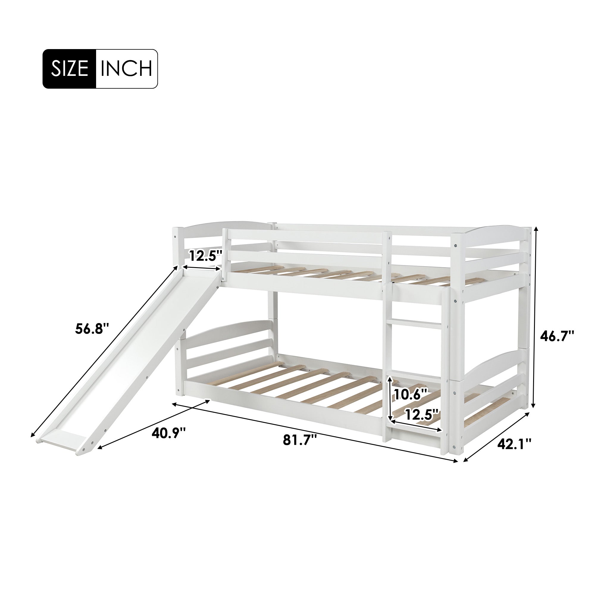 Twin over Twin Low Bunk Bed with Slide and Ladder in White