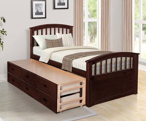 Image of Oris Fur. Twin Size Platform Storage Bed Solid Wood Bed with 6 Drawers in Espresso