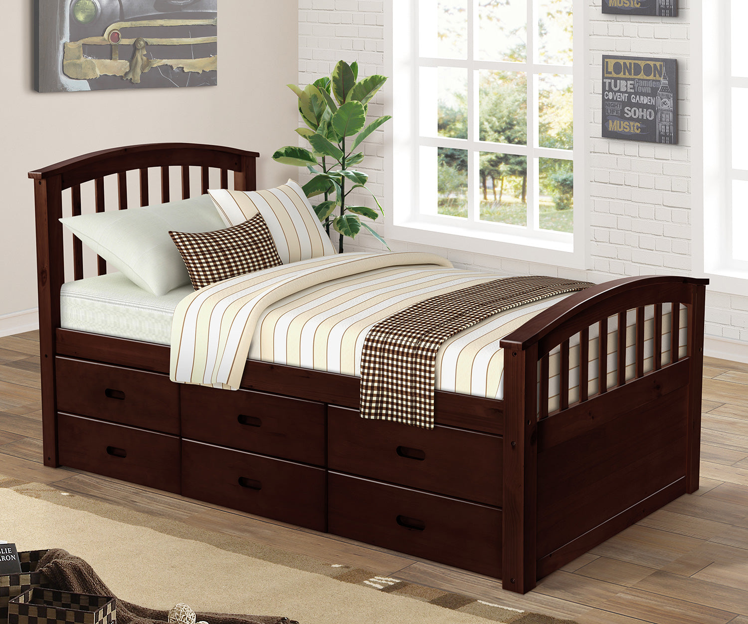 Oris Fur. Twin Size Platform Storage Bed Solid Wood Bed with 6 Drawers in Espresso