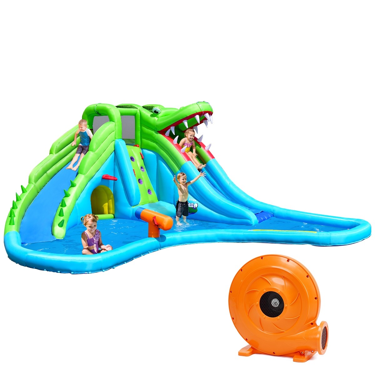 Costway Inflatable Crocodile Water Slide Climbing Wall Bounce House with 780W Blower