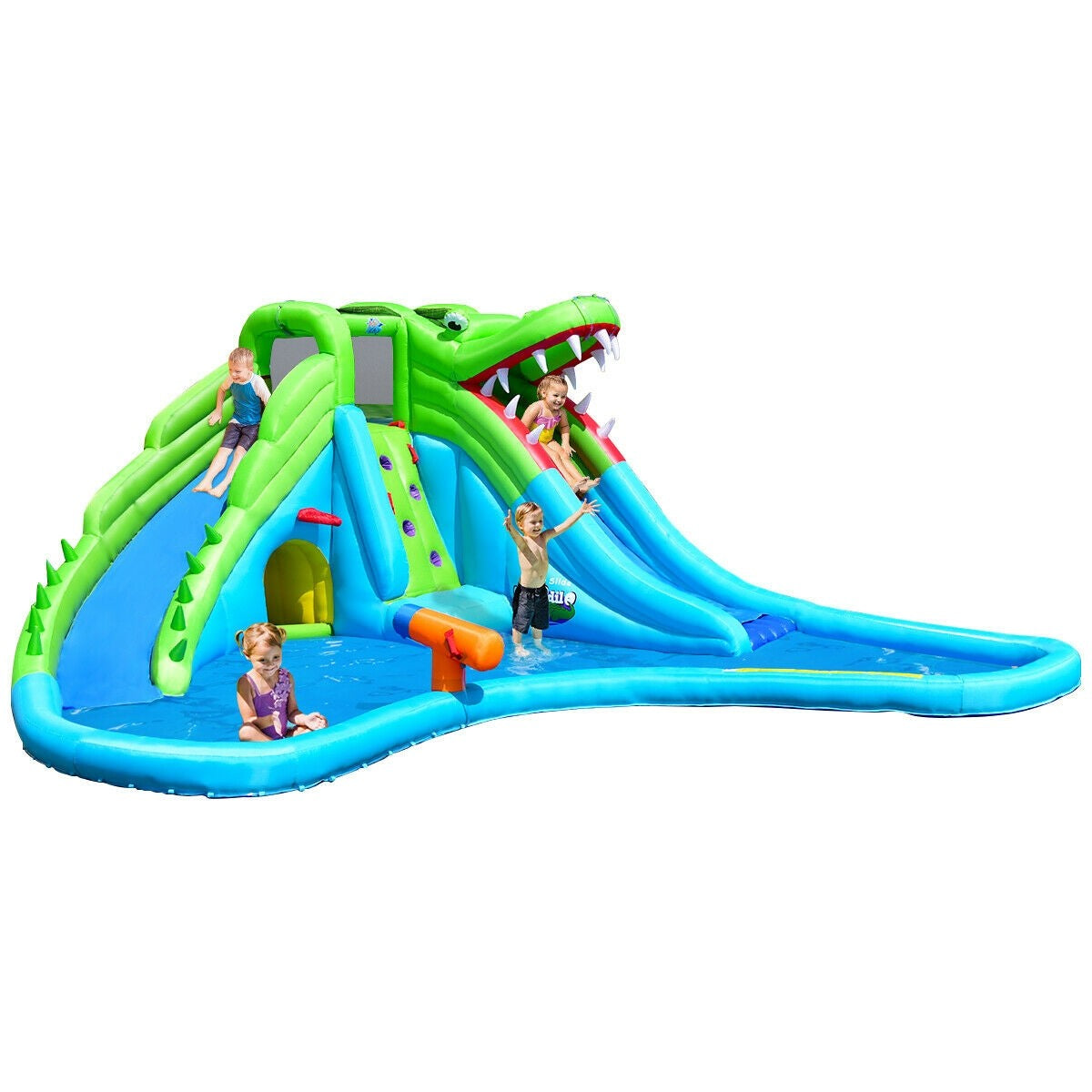 Costway Inflatable Crocodile Water Slide Climbing Wall Bounce House with 780W Blower
