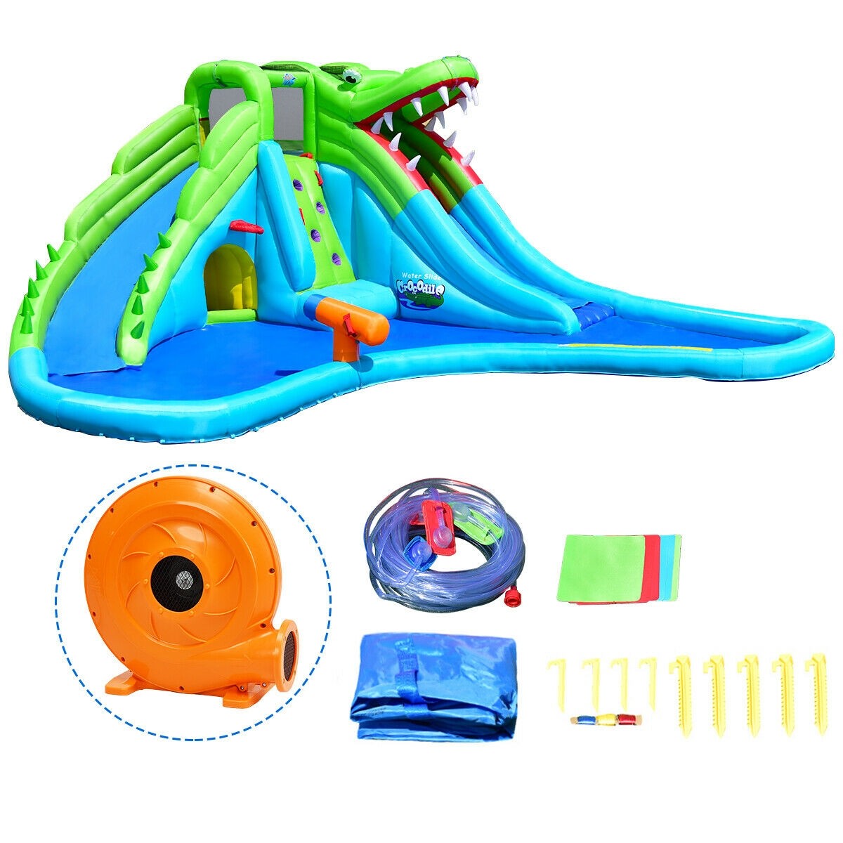 Costway Inflatable Crocodile Water Slide Climbing Wall Bounce House with 780W Blower