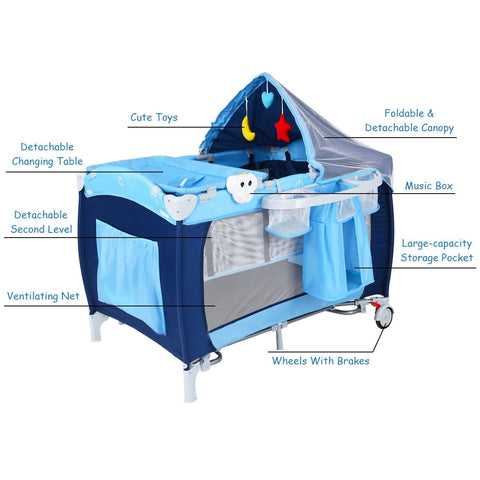 Image of Foldable Baby Crib Playpen w/ Mosquito Net and Bag