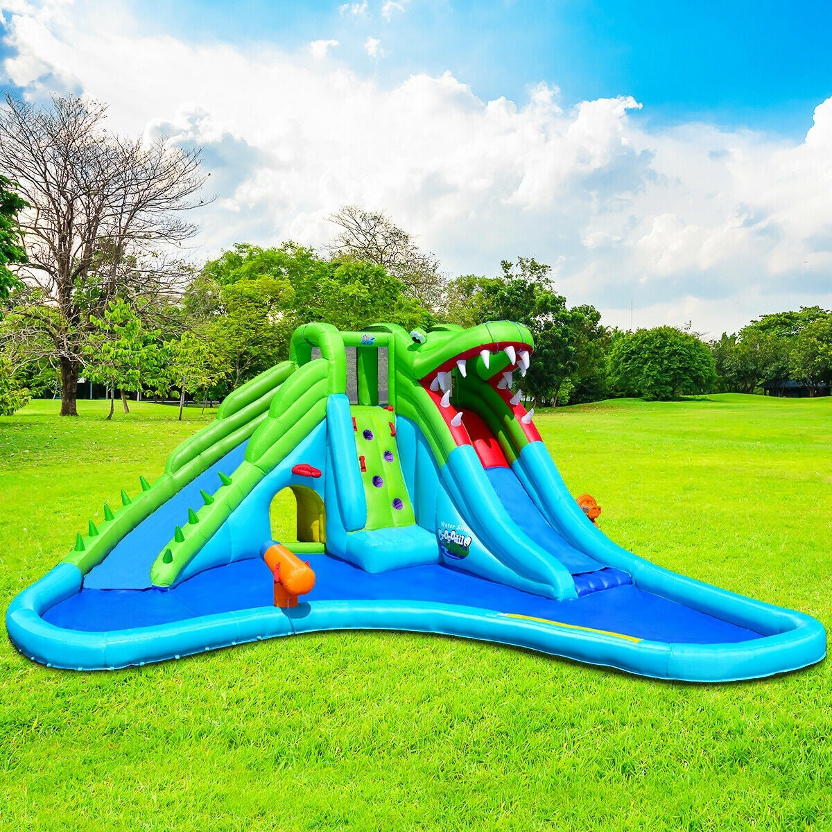 Costway Inflatable Crocodile Water Slide Climbing Wall Bounce House with 780W Blower