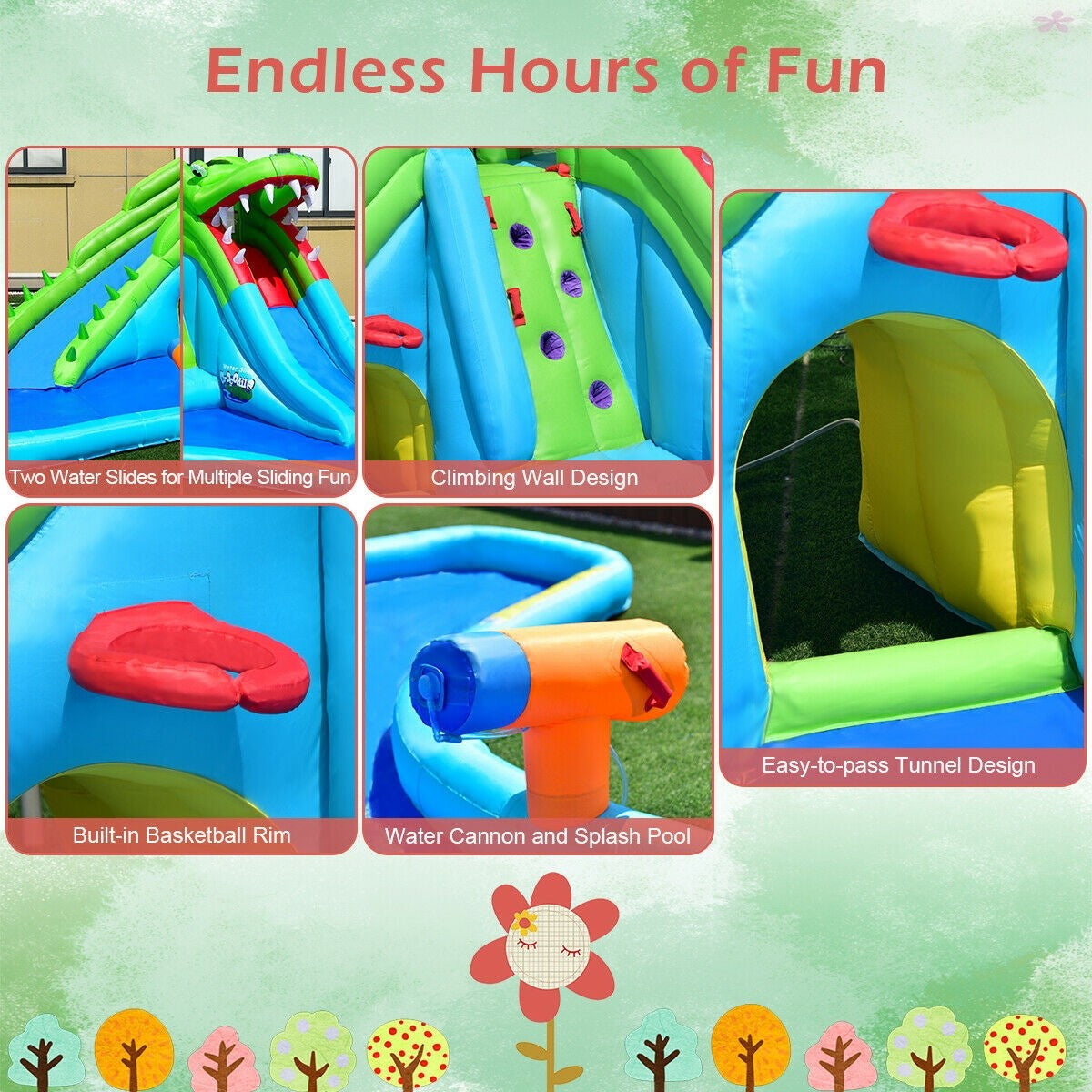 Costway Inflatable Crocodile Water Slide Climbing Wall Bounce House with 780W Blower