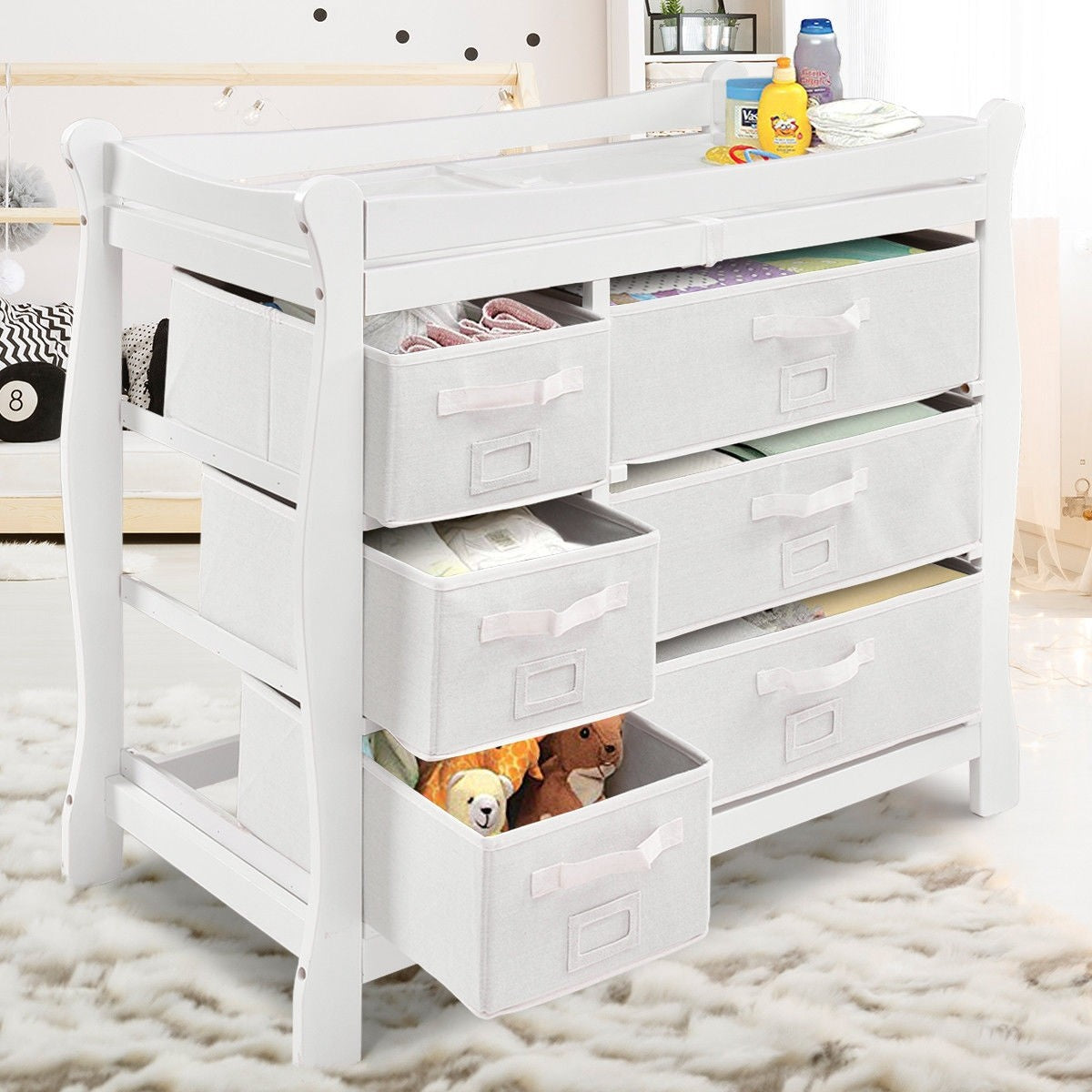 Sleigh Baby Changing Table with 6 Basket Drawers