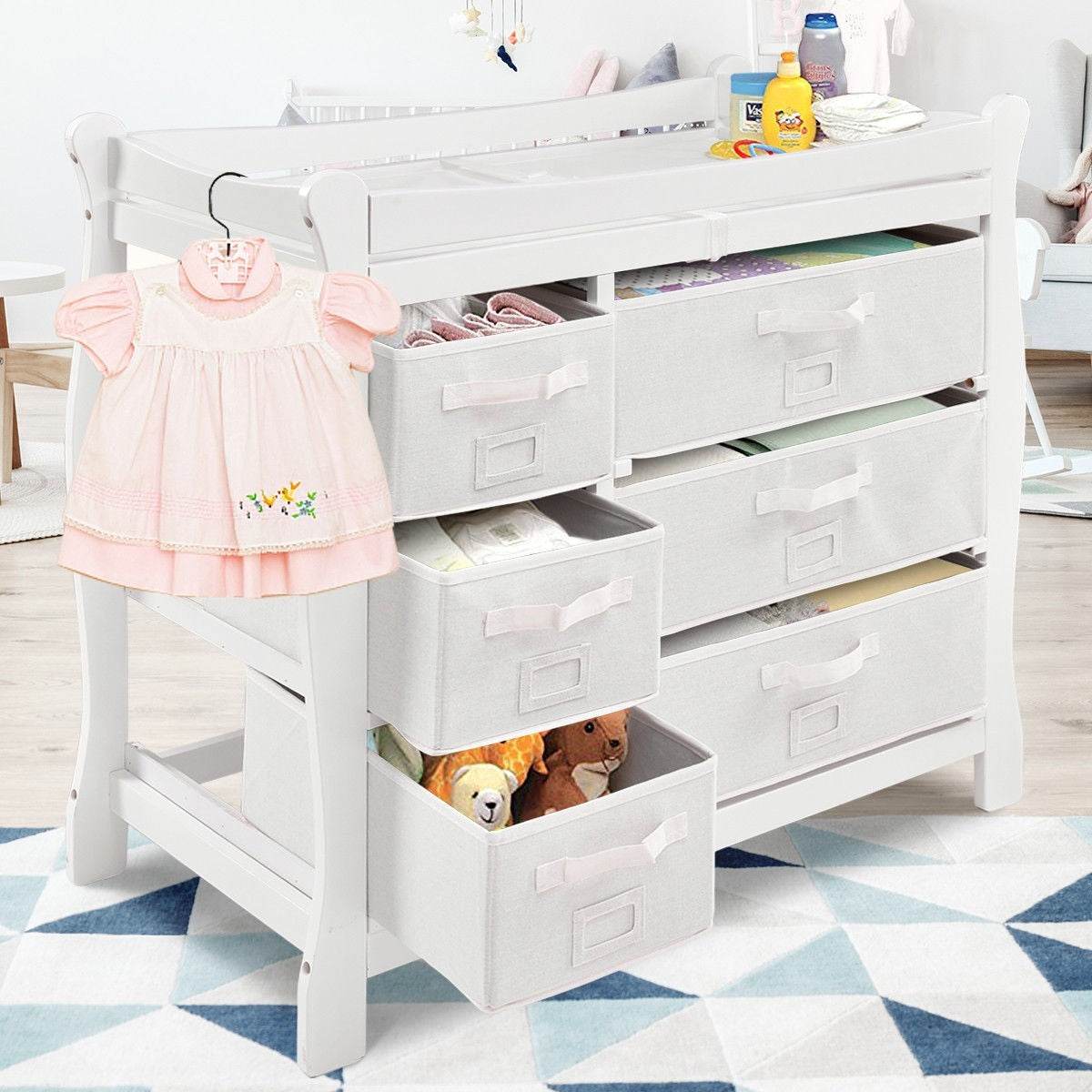 Sleigh Baby Changing Table with 6 Basket Drawers