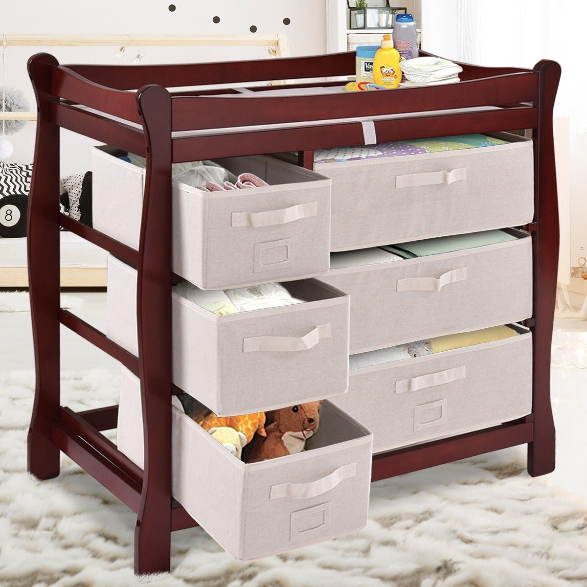 Sleigh Baby Changing Table with 6 Basket Drawers