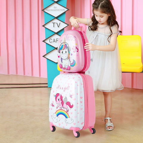 Image of Costway Kids Backpack Suitcase with Wheels Carry On in  Pink