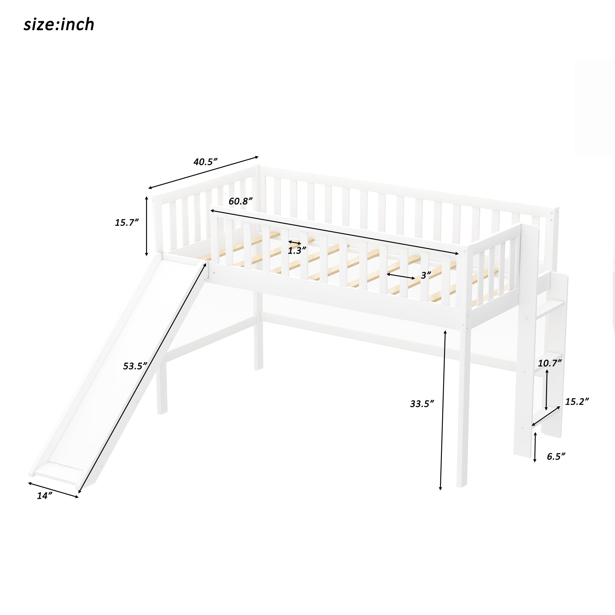 Twin Size Low Loft Bed with Ladder and Slide in White