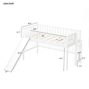 Twin Size Low Loft Bed with Ladder and Slide in White